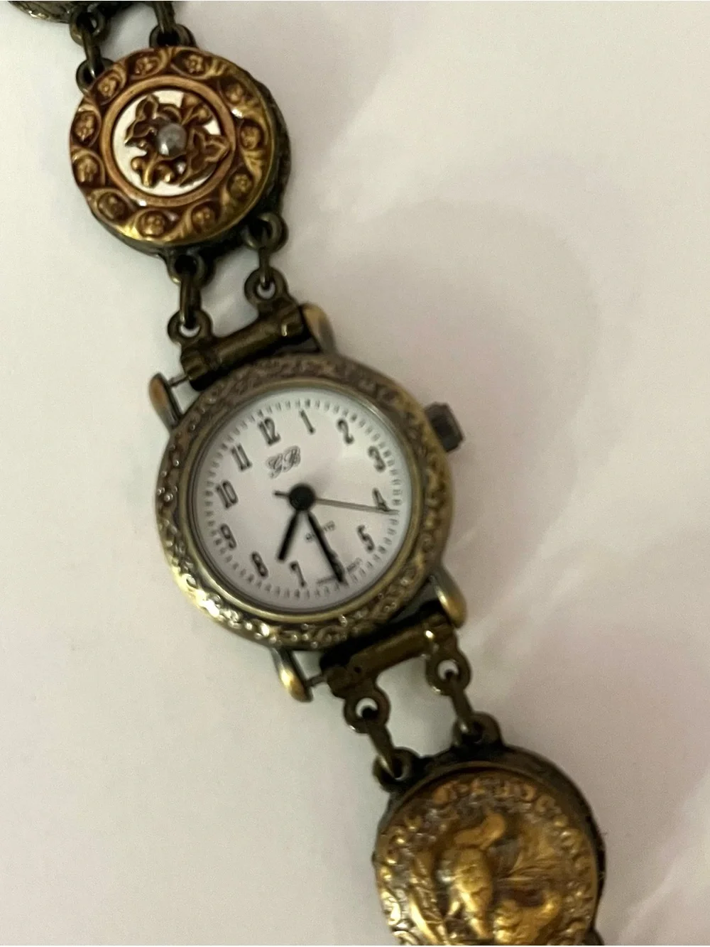 Vtg Grandmother's Buttons Antique Brass Mother of Pearl Link Watch Signed